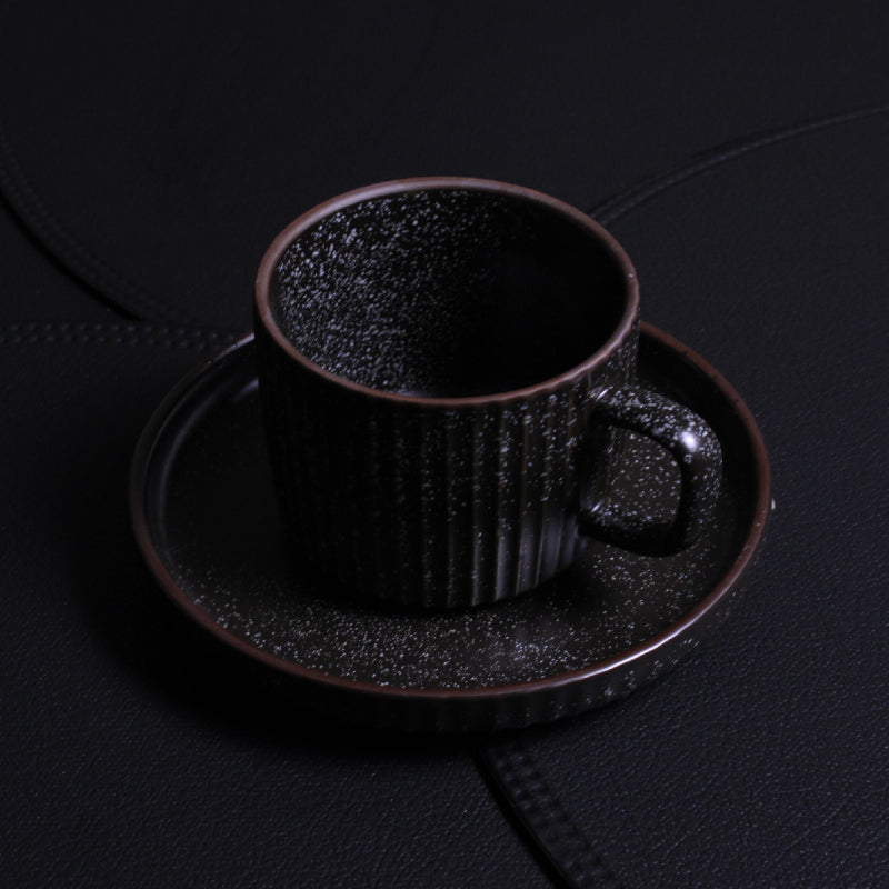 Svart Granit Kaffekopp Med Brun Detalj – 12 Delar Set
