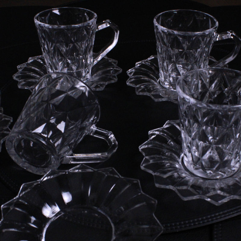 Te-glas med Fat i Klart Glas och Diamantmönster - 12 Delar