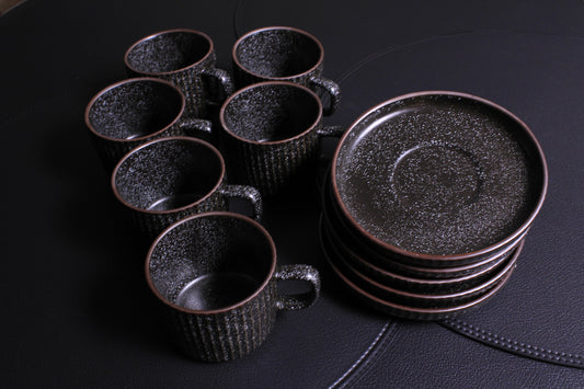 Svart Granit Kaffekopp Med Brun Detalj – 12 Delar Set